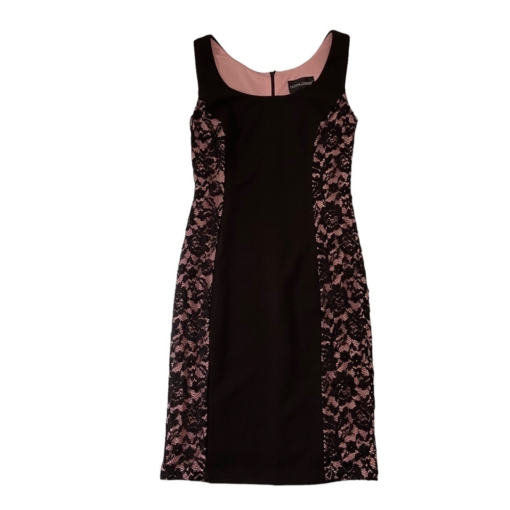 FRANK Lyman designer dress lace black pink tank dress feminine round neck size 4